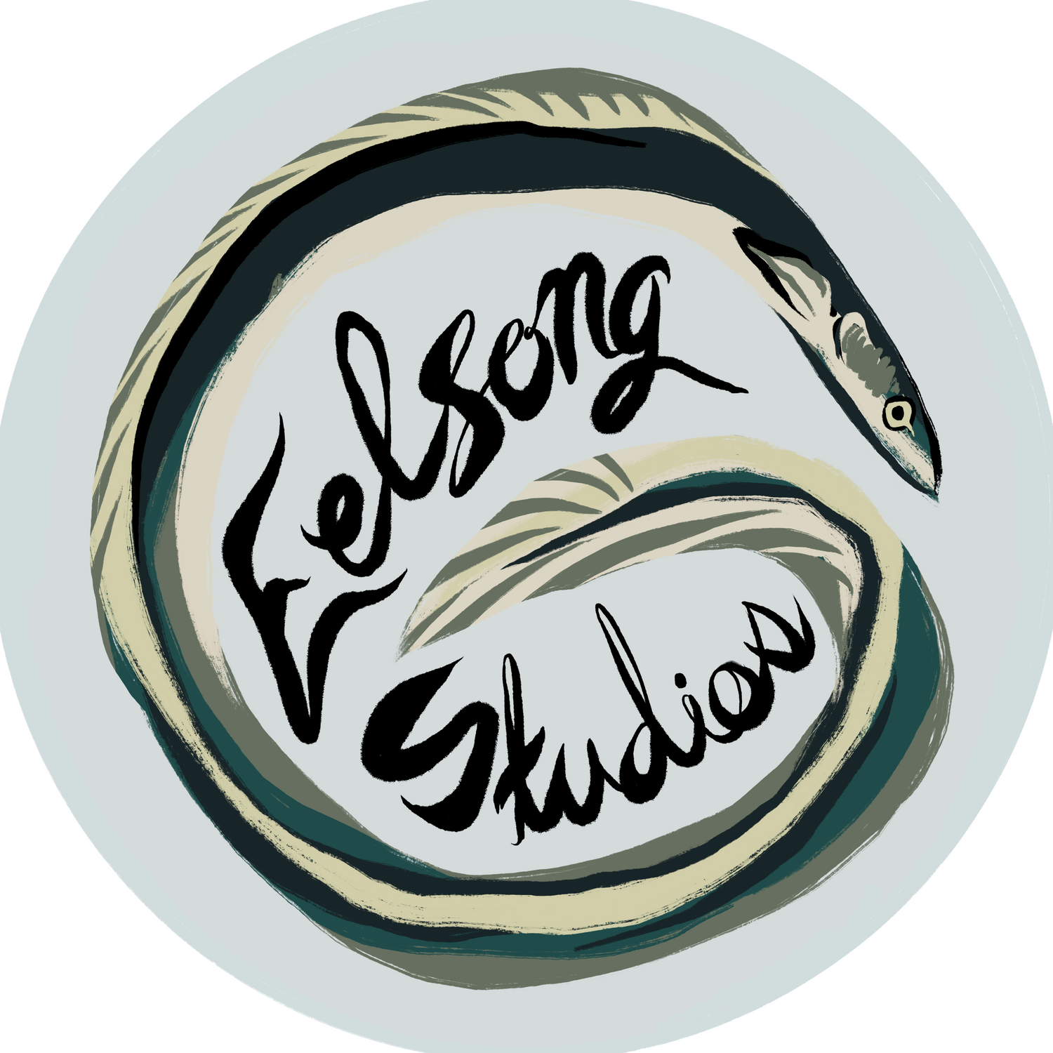 Eelsong Studios Logo: a stylized eel with a dark blue and green body, light yellow dorsal fin, face, and tail, curled in a circle around black script text reading Eelsong Studios.