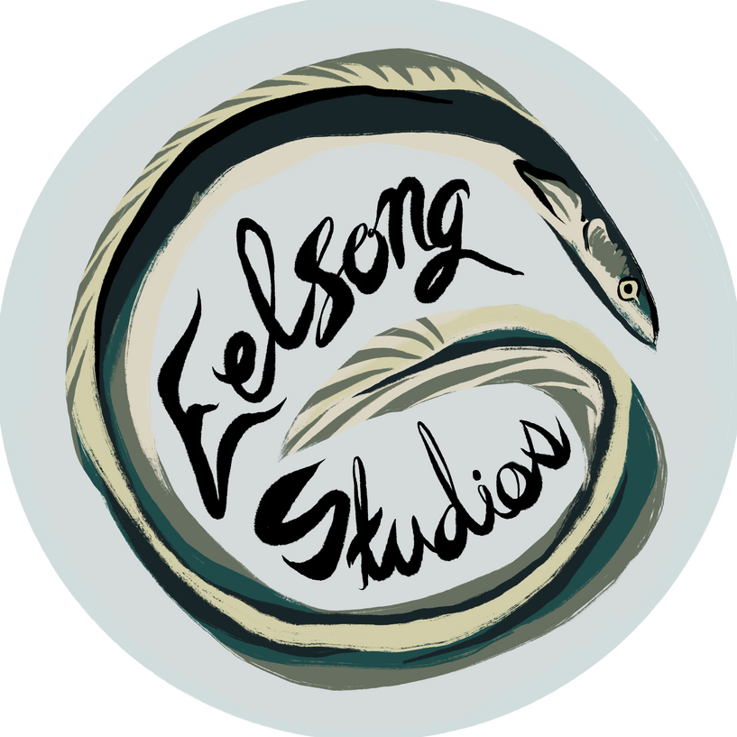 Eelsong Studios Logo: a stylized eel with a dark blue and green body, light yellow dorsal fin, face, and tail, curled in a circle around black script text reading Eelsong Studios.