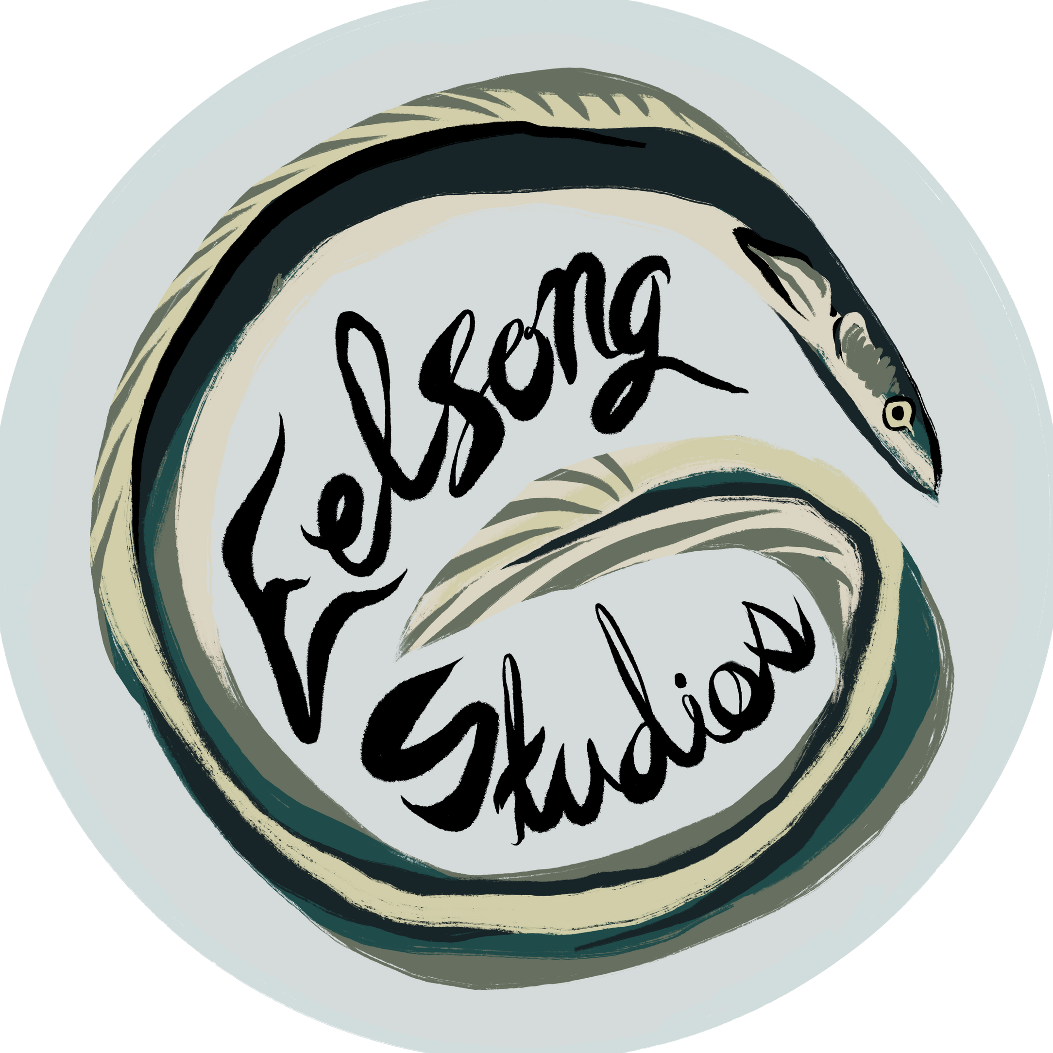 Eelsong Studios Logo: a stylized eel with a dark blue and green body, light yellow dorsal fin, face, and tail, curled in a circle around black script text reading Eelsong Studios.