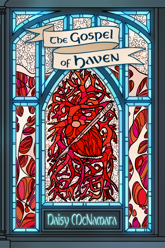 Gospel of Haven Logo: A stained glass icon of a red heart on a pink field with a silver scalpel crossing the image